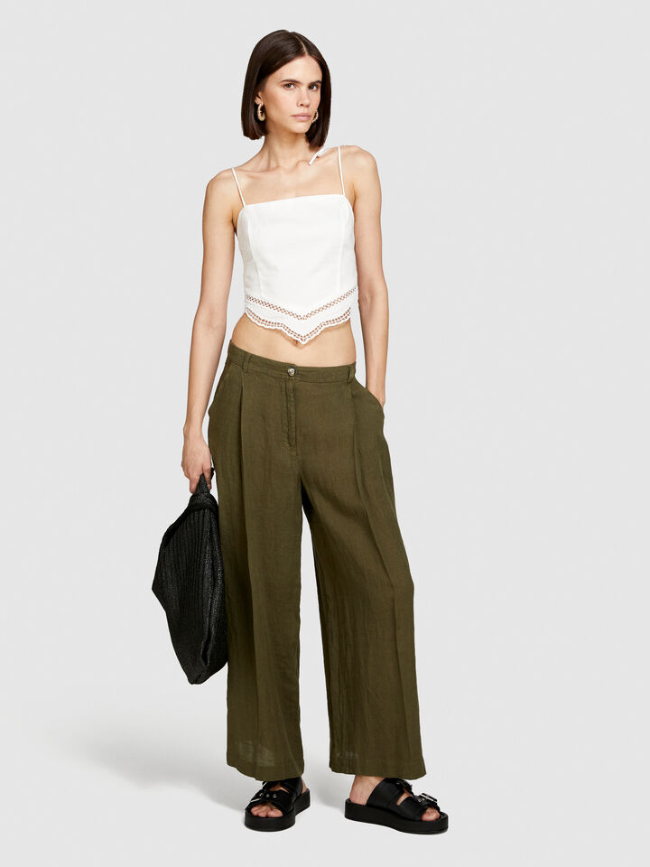 Wide leg 100% linen trousers - women's palazzo trousers - Military Green | Sisley image number 1